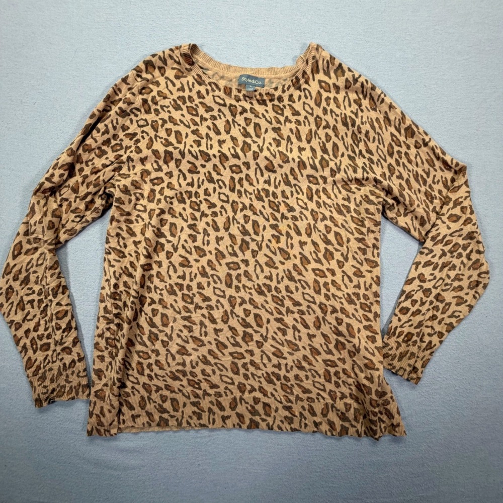 Style&Co Women Sweater Regular Tan Brown Leopard Print Crew‎ Neck XL